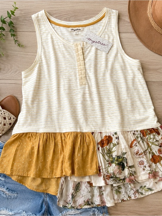 Mystree Tops - Mystree NWT Boho Patchwork Tank Top Large Floral Striped Babydoll Boutique